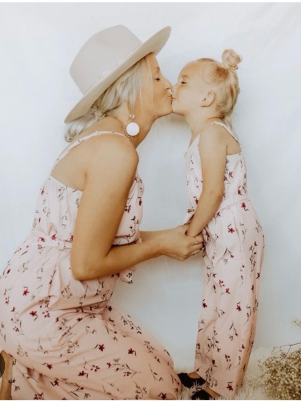 New- Mommy & Me Pink Floral V-Neck jumpsuits with Tie Waist- 3 jumpsuits total.
